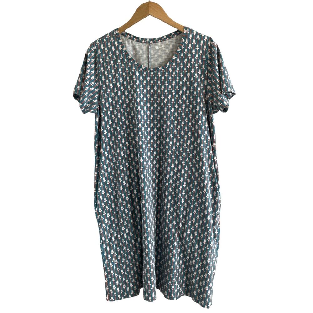 Duluth Trading Co To n Flow Pleated Back Dress Size L Teal Geometric Print
